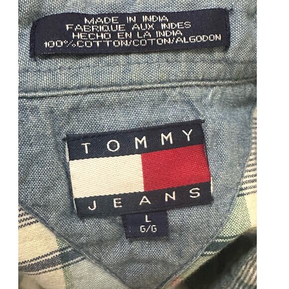 Tommy Hilfiger blue green plaid short sleeves button men shirts size L - Picture 3 of 6